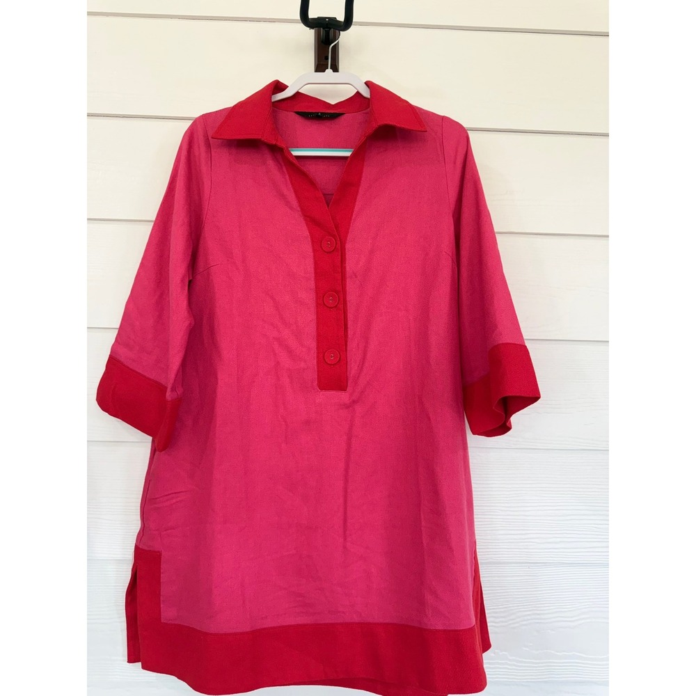 B- 60- Abbey Glass Pink Red Colorblock Cotton Linen Mini Dress Size Large
